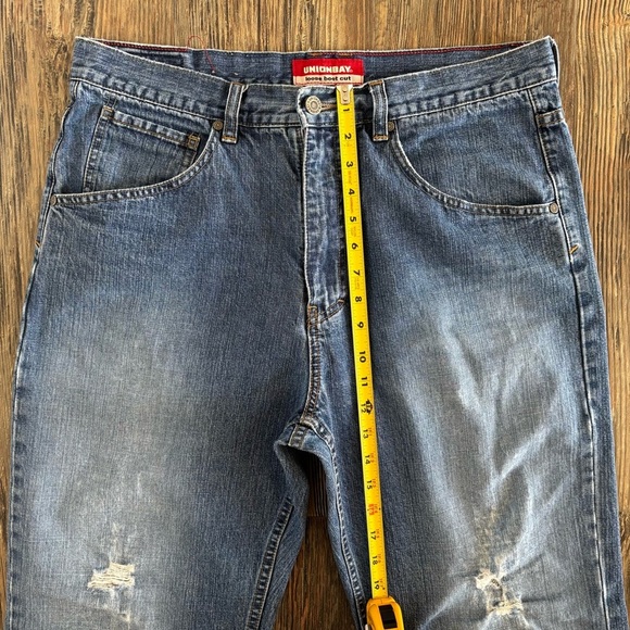 Unionbay Loose Boot Cut Jeans Mens 34x32 Blue Denim Distressed Destroyed Vtg Y2K - Picture 7 of 16